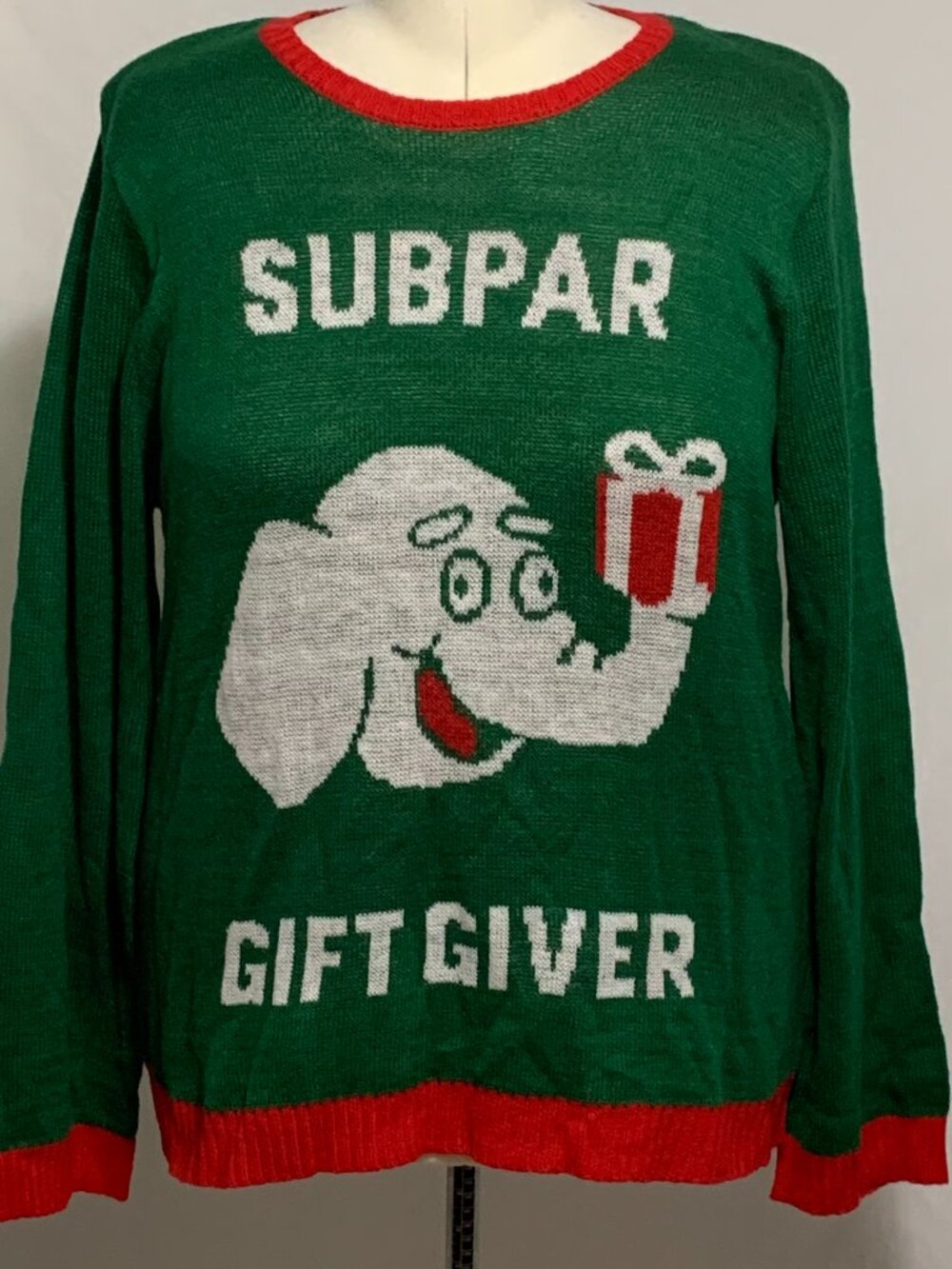 Ugly Christmas Sweater Subpar Gift Giver White Elephant Green Red MENS Womens M